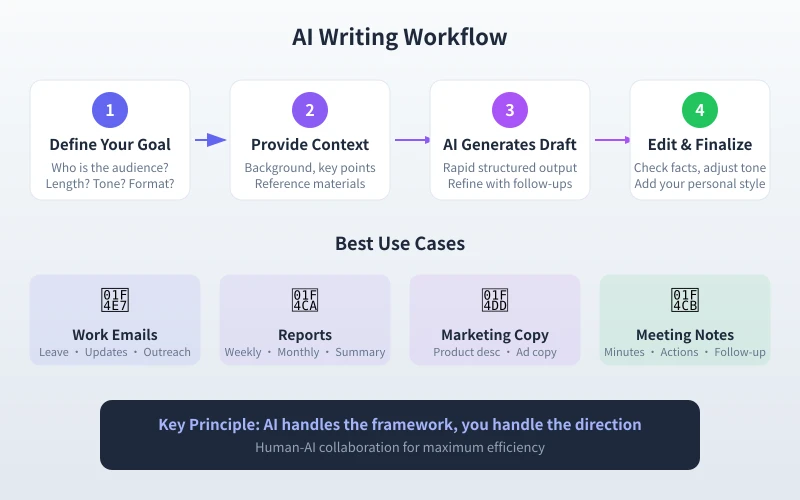 AI writing workflow: define goals, provide info, AI generates draft, human polishes final
