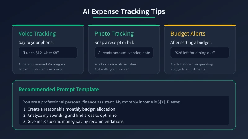 Practical AI bookkeeping tips: voice bookkeeping, photo bookkeeping, budget alerts