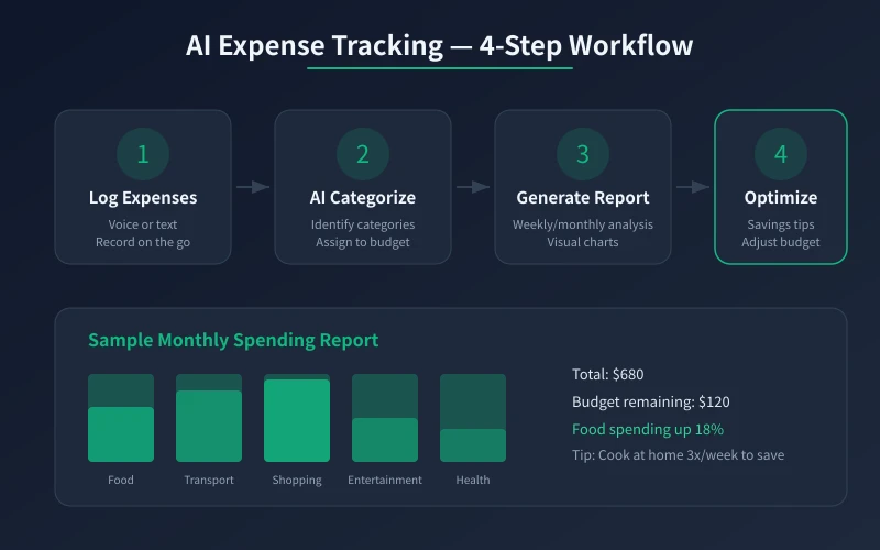 AI bookkeeping four-step workflow: record expenses, AI categorization, generate reports, optimization suggestions